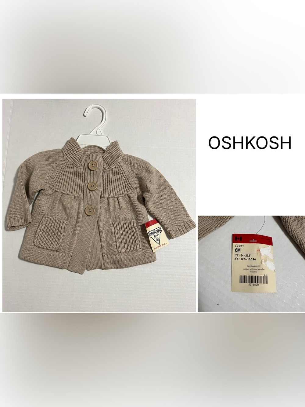 OSHKOSH - 6M - NWT - INFANT GIRLS BROWN / TAN CHUNKY KNIT CARDIGAN SWEATER